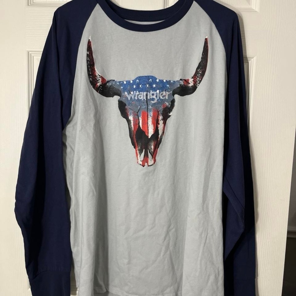 Wrangler Long Sleeve Graphic Tee Shirt American Flag Bull Skull Raglan XL